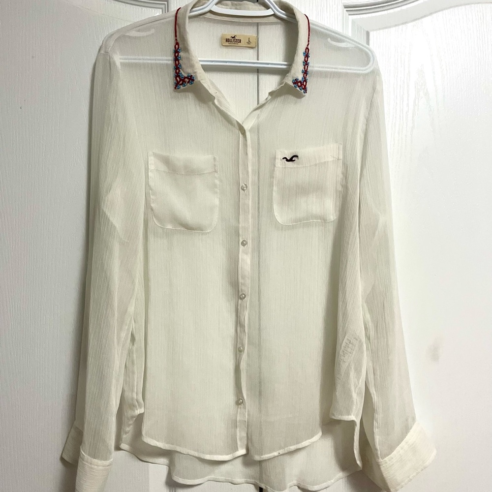 Hollister Sheer Chiffon Button Up with Embellished Collar